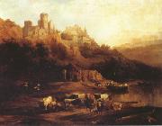 Jenaro Perez Villaamil Herd of Cattle Resting on a Riverbank in Front of a Castle (mk22) Spain oil painting artist